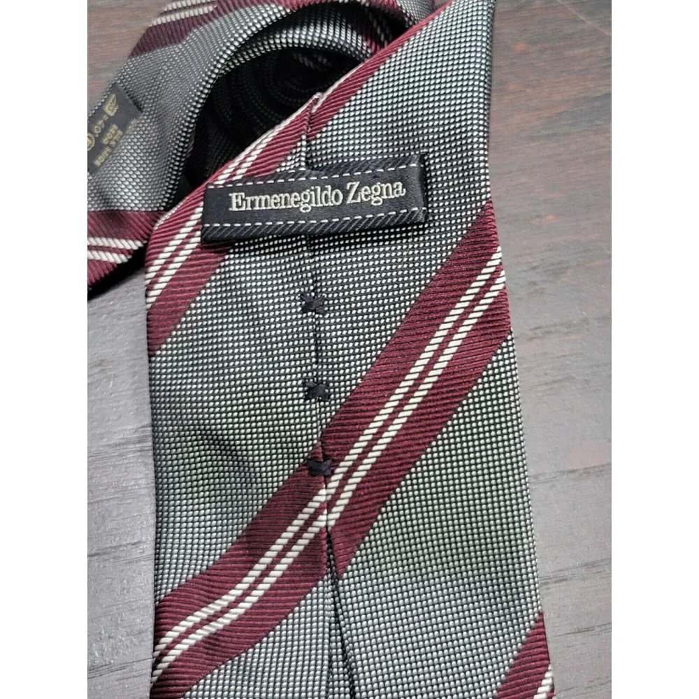 Ermenegildo Zegna 100% Silk Tie Black & White Plaid Burgundy Stripes Italian